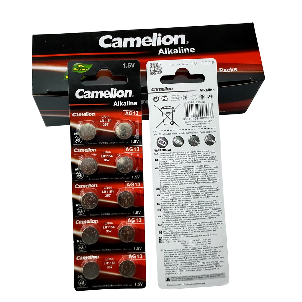 Vỉ 10 Pin cúc áo CAMELION AG13/ LR44/ A76 / G13A / A765 Alkaline cho đồng hồ, thiết bị điện tử