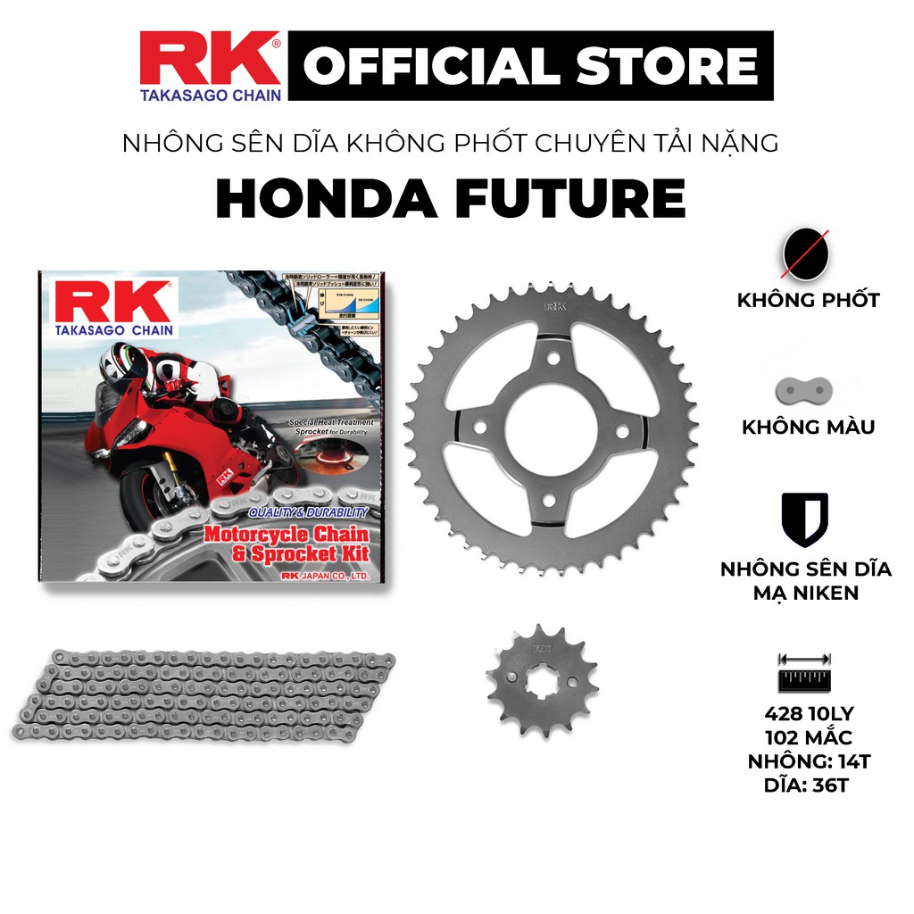 Nhông Sên Dĩa RK Takasago chain dành cho xe máy Honda Future chuyên tải nặng , 10 ly thép không phốt cao su