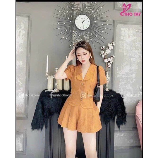 Set bộ sơ mi đũi quần đùi nữ, set áo cổ bèo tay búp chất đũi phối quần short đùi đơn giản trẻ trung