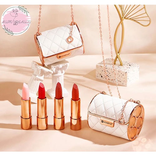 Set son túi xách Hompar 4 cây kèm hộp nhỏ gọn siêu xinh, Set son thỏi lì mịn 4 cây gồm 3 màu và 1 son dưỡng môi mịn màng