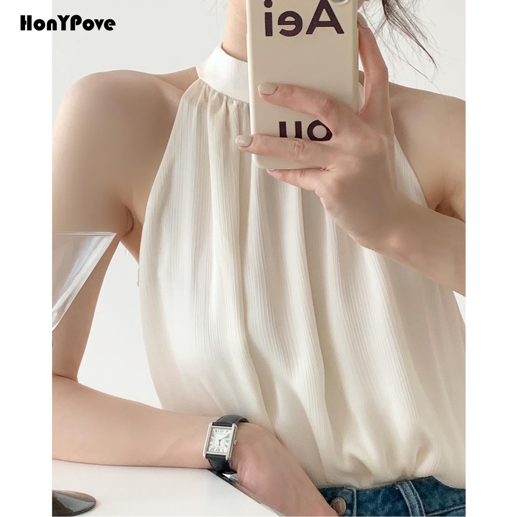 Honypove Áo Dây Nữ Cộc Tay Cổ Yếm Thời Trang