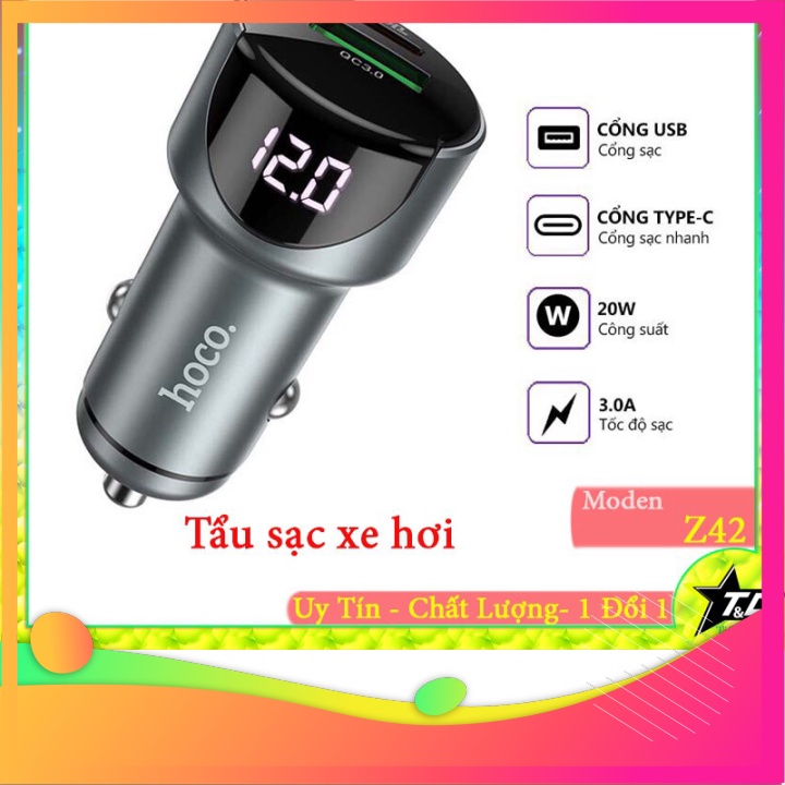 Mới về Tẩu sạc nhanh ô tô HOCO Z42 sạc điện thoại trên xe hơi | đầu ra USB QC3.0 18W và Type-C PD 20W, màn hình LED thie