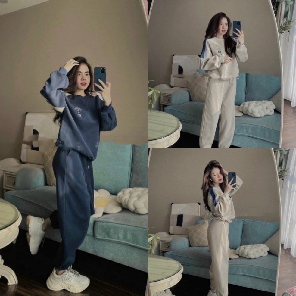 Bộ Nỉ Tàu Tay Áo Phối Viền, Hai Màu Xanh Và Be Siêu Xinh