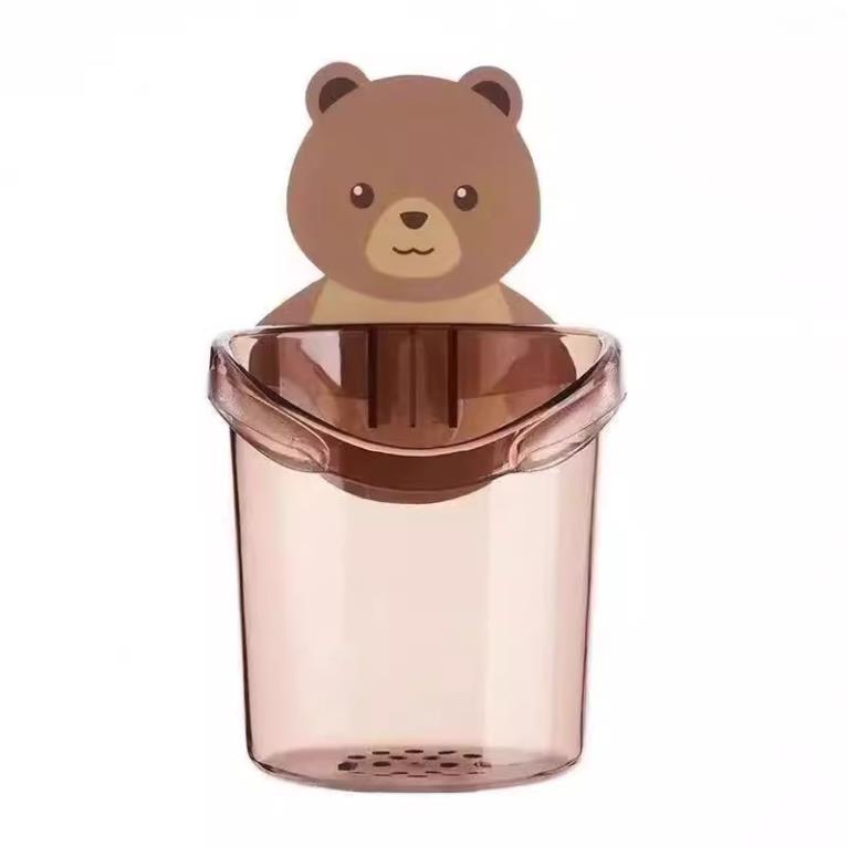 Cốc gấu dán tường chịu lực chắc chắn, cốc đựng bàn chải kem đánh răng, đồ dùng nhà vệ sinh có lỗ thoát nước tiện dụng