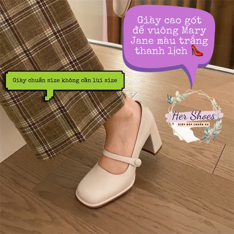 Giày cao gót nữ Mary Jane  da lì 7 phân chuẩn size 34-39 - Giày cao gót màu trắng be đế vuông 7cm vintage