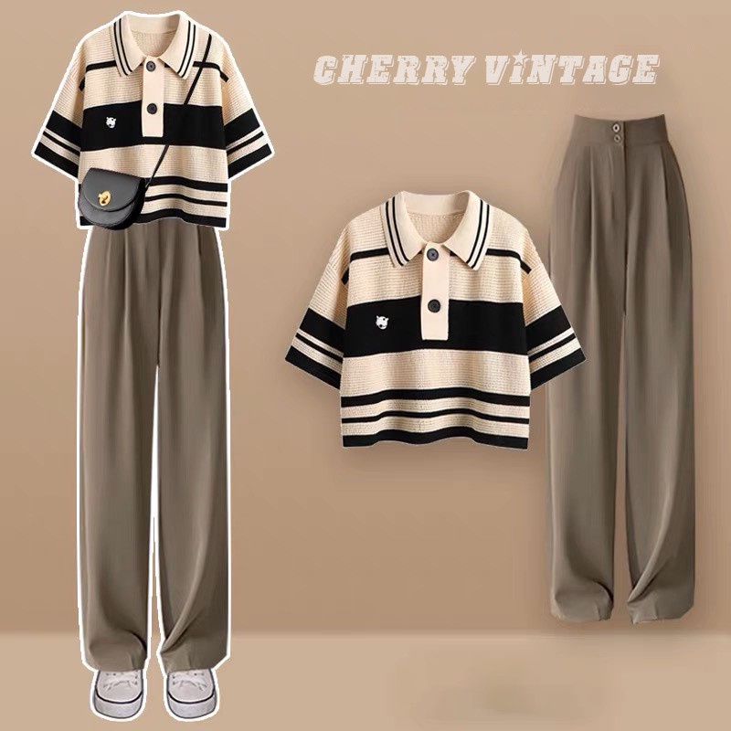 Set áo len nữ polo kẻ sọc, áo dáng croptop form rộng ngắn tay và quần ống rộng cạp cao hai cúc