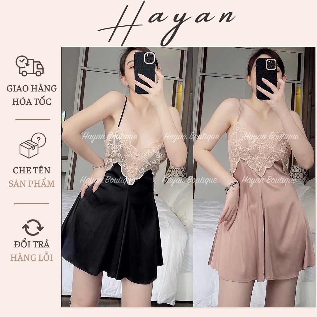 HT179 Váy ngủ sexy viền ren xẻ ngực tặng CHÍP, đồ ngủ lụa dáng xòe siêu hách dáng HT179