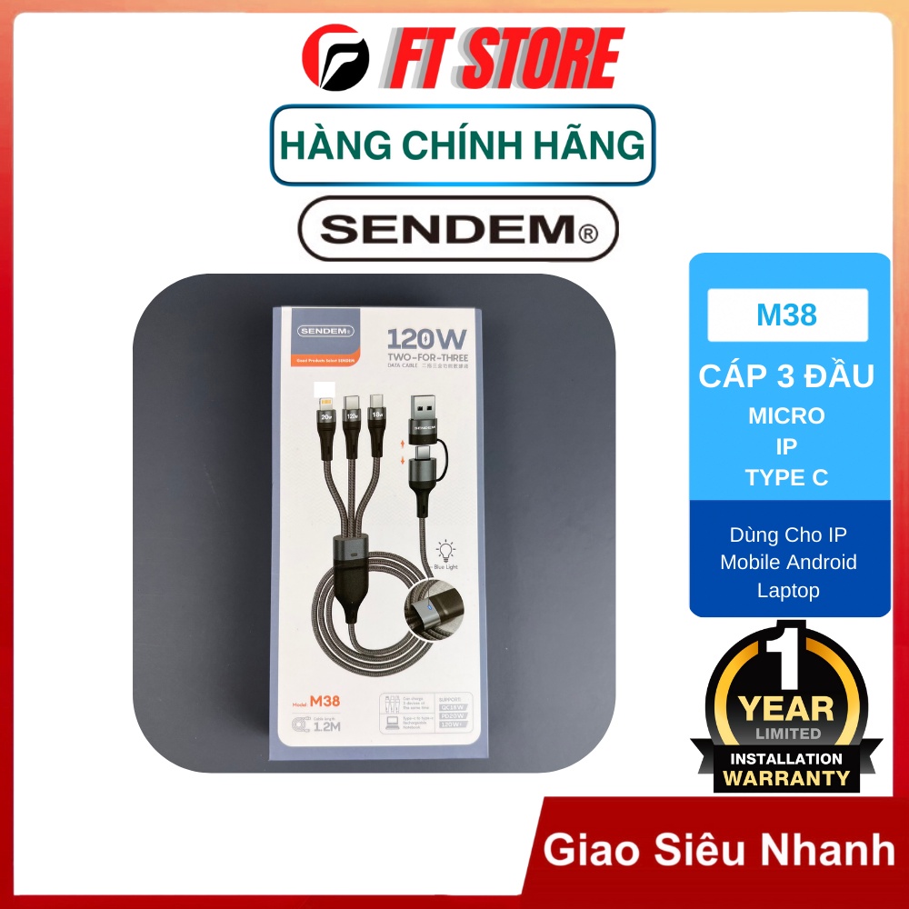 Cáp sạc nhanh Sendem 3 đầu  PD 20W, 120W type C, 18W micro dài 1.2m BH12TH