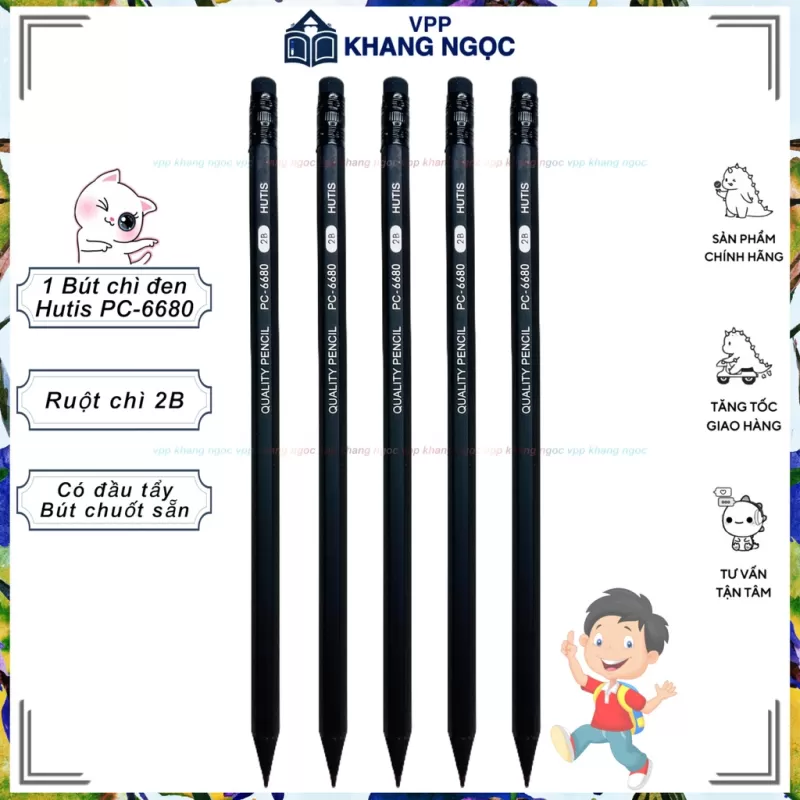Bút Chì Gỗ 2B HUTIS PC-6680 Có Đầu Tẩy