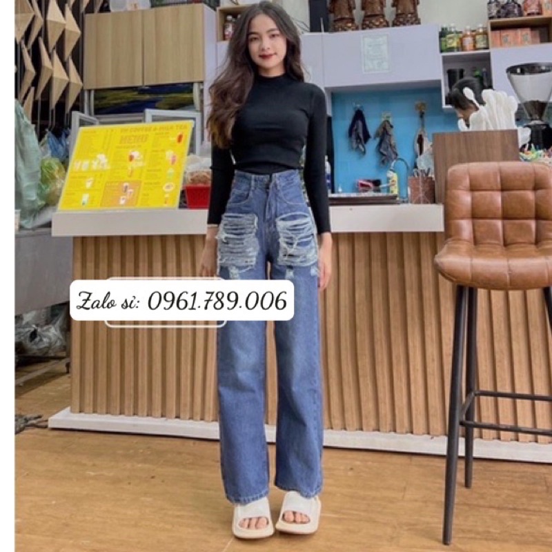 Set Baggy jeans ống suông rách mảng + áo cổ lọ tay dài đen