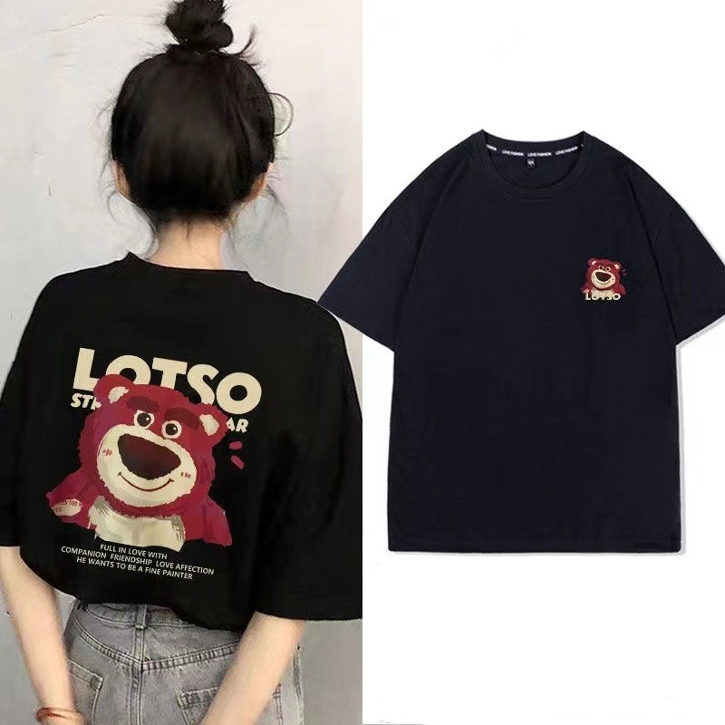 BARE Áo thun tay lỡ nam nữ GẤU LOTSO , áo phông form rộng chất cotton khô 3158 in hình gấu Lotso hồng 2 mặt