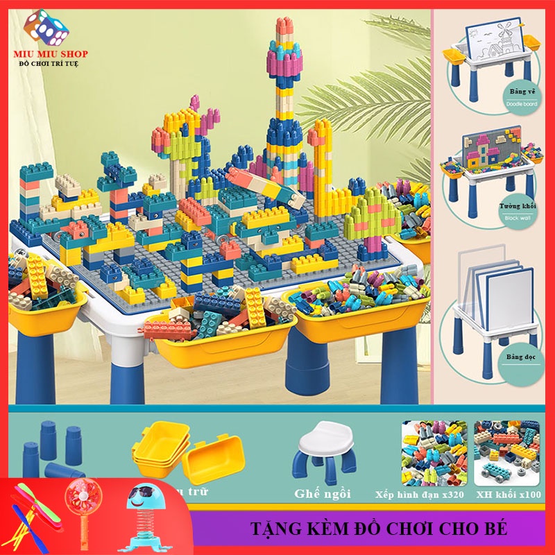 Đồ Chơi Trẻ Em Bàn Xếp Hình Lego Đa Chức Năng Đa Khối, Kèm Ghế, 2 Loại Xếp Hình, Đồ Chơi Lắp Ráp