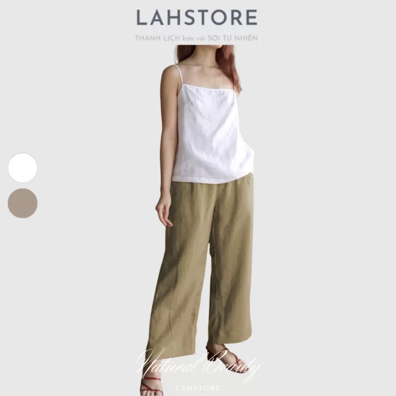 Set áo 2 dây linen cổ ngang, quần dài suông rộng cạp cao LAHSTORE