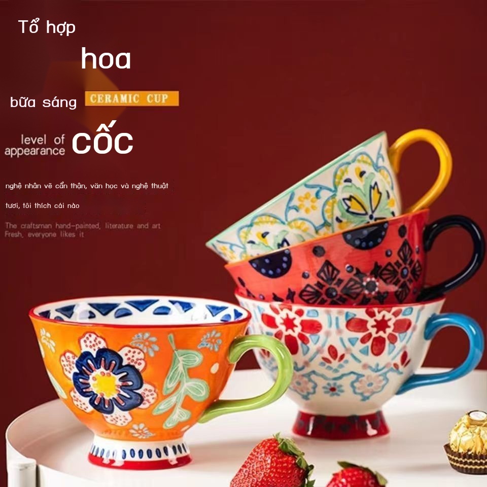 Cốc ăn sáng vẽ tay kiểu Mỹ cá tính sáng tạo Cốc cà phê dung tích lớn có nắp