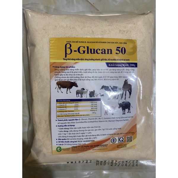 200g Beta glucan 50 - bổ sung vitamin nhóm B, giải độc cho gia cầm, gia súc
