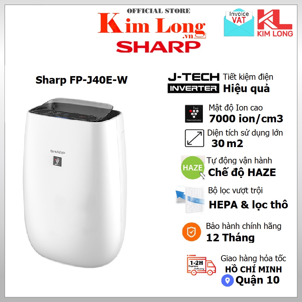 Máy lọc không khí Sharp FP-J40E-W J-tech Inverter, diệt khuẩn, ion plasmacluster 30m2 - Bảo hành 12 tháng