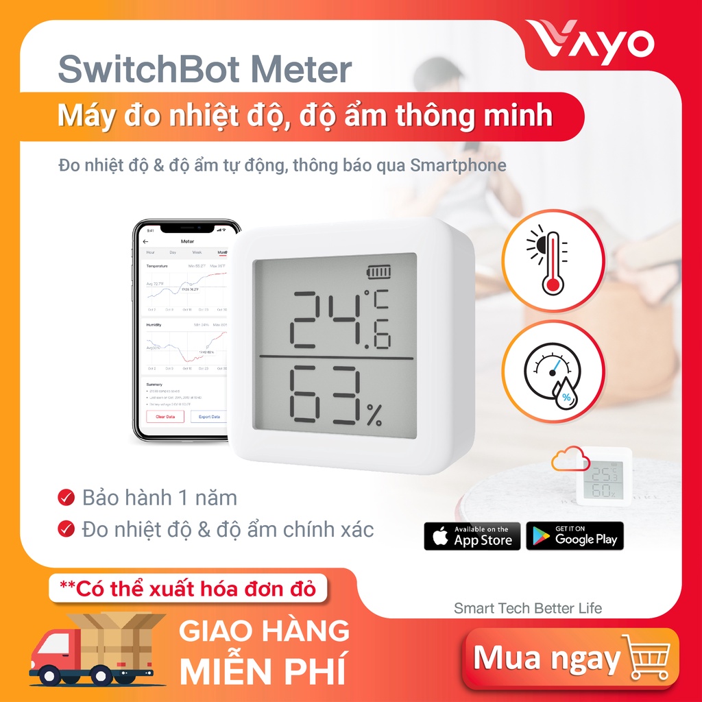 Máy đo nhiệt độ, máy đo độ ẩm thông minh SwitchBot Meter kết nối bluetooth, điều khiển qua Alexa, Google Home, HomePod