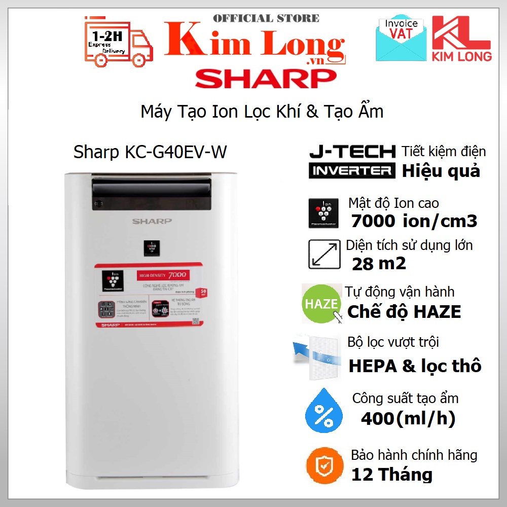 Máy lọc không khí tạo ẩm Sharp KC-G40EV-W Inverter 30m2 - Bảo hành chính hãng 12 tháng