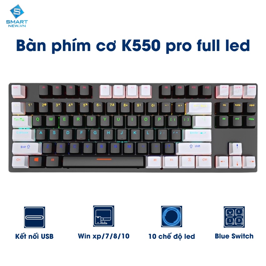 Bàn phím cơ Gaming Leaven K550 Blue Switch TKL 87 phím , LED Rainbow , chống nước