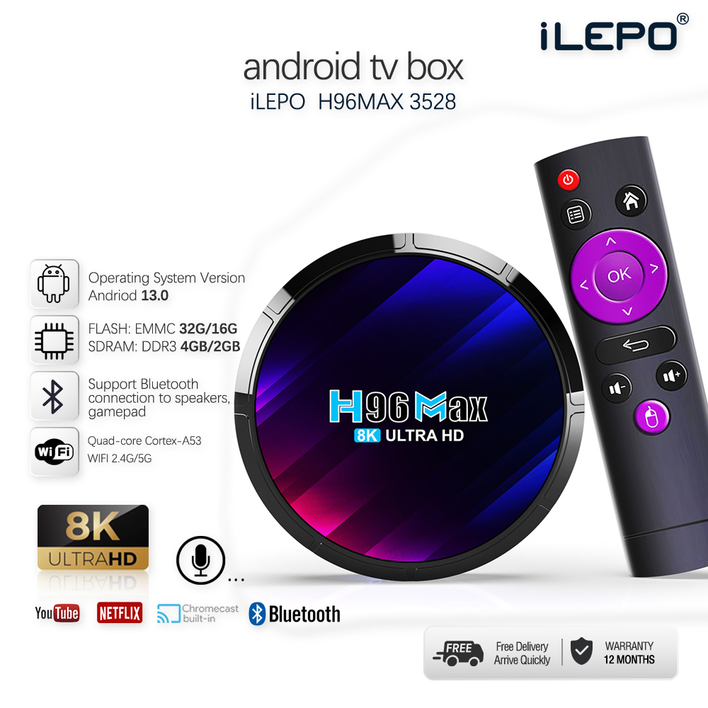 Tivi box Ram 2GB/4GB Rom 16GB/32GB android 13.0 Rockchip 3528 Wifi kép Video 8K Bluetooth 5.0 bảo hành 1 năm H96MAX3528