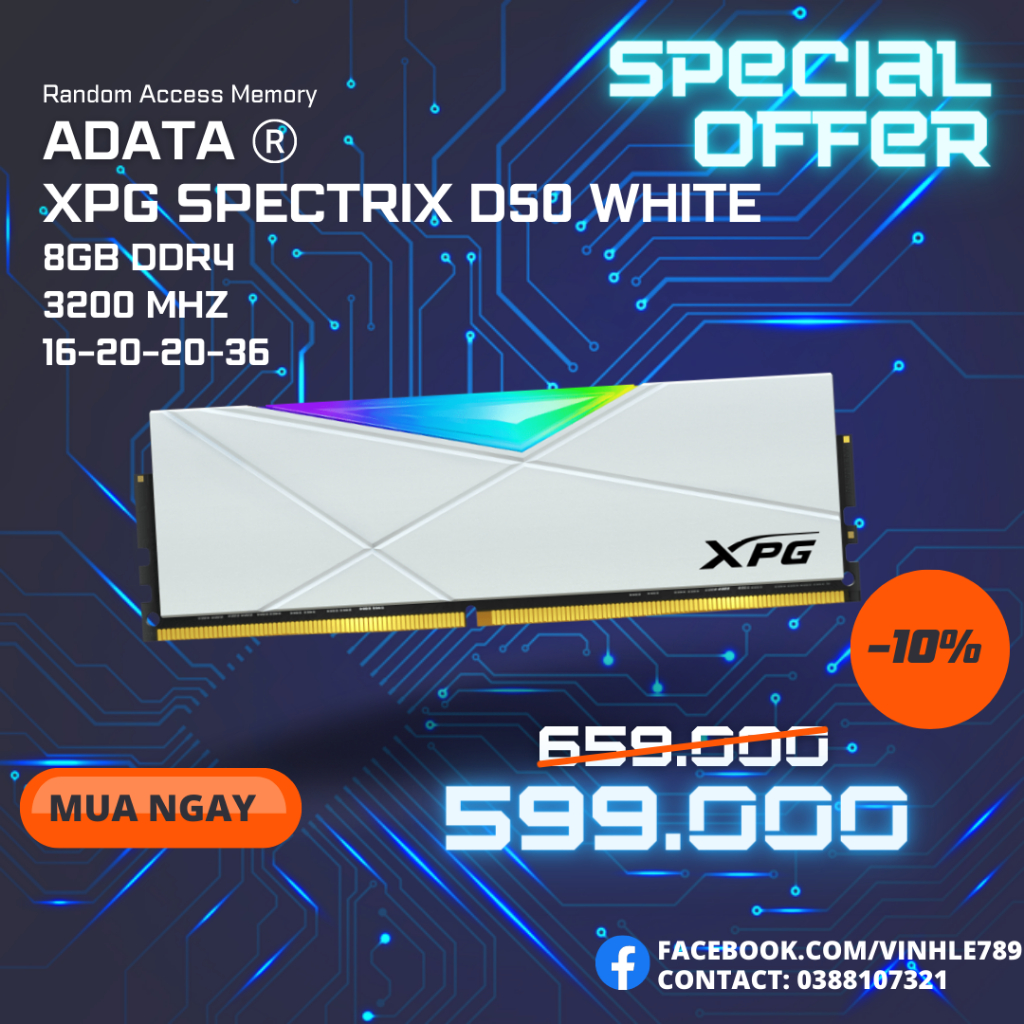 Ram Adata XPG Spectrix D50 RGB WHITE 8GB  DDR4 3200Mhz