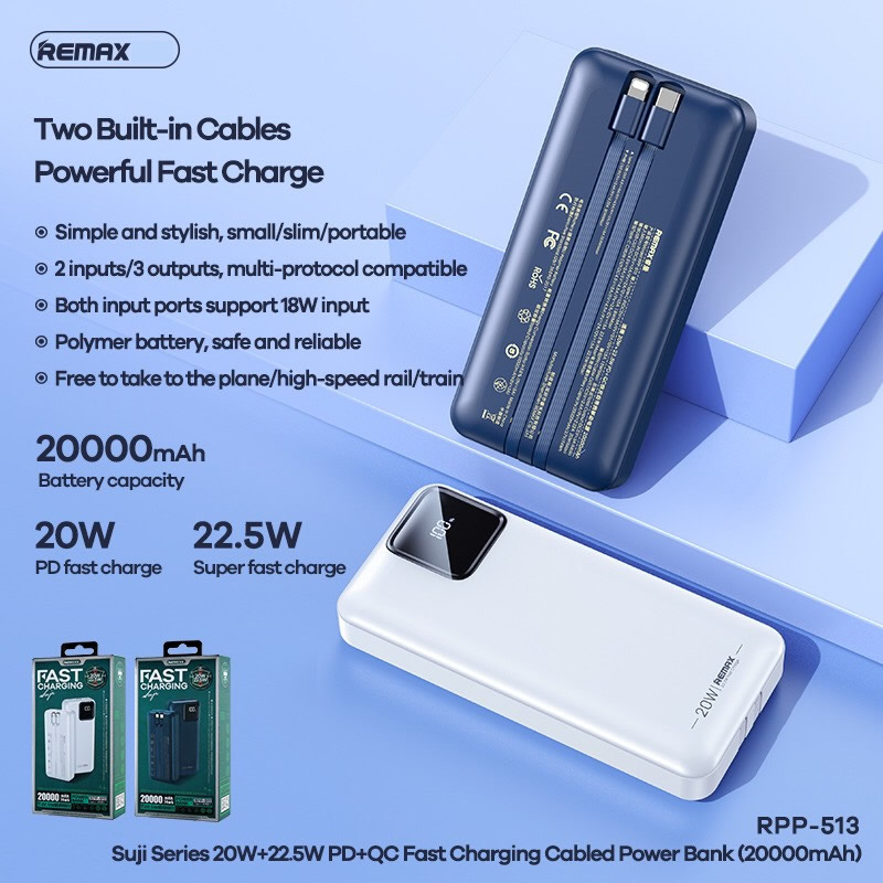 Pin Sạc Dự Phòng  Remax 20000mAh QC3.0+PD 22.5W Tích Hợp Cáp Sạc Cao Cấp 513