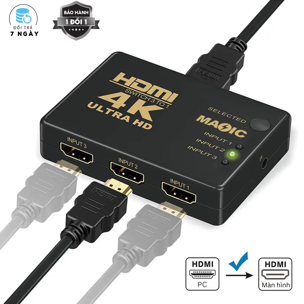 Bộ Chia HDMI 3 Ngõ Vào 1 Ngõ Ra kèm remote tiện lợi hỗ trợ độ phân giải 4K Full HD Cho TV Máy Chiếu từ TiVi Box PS4 PS3