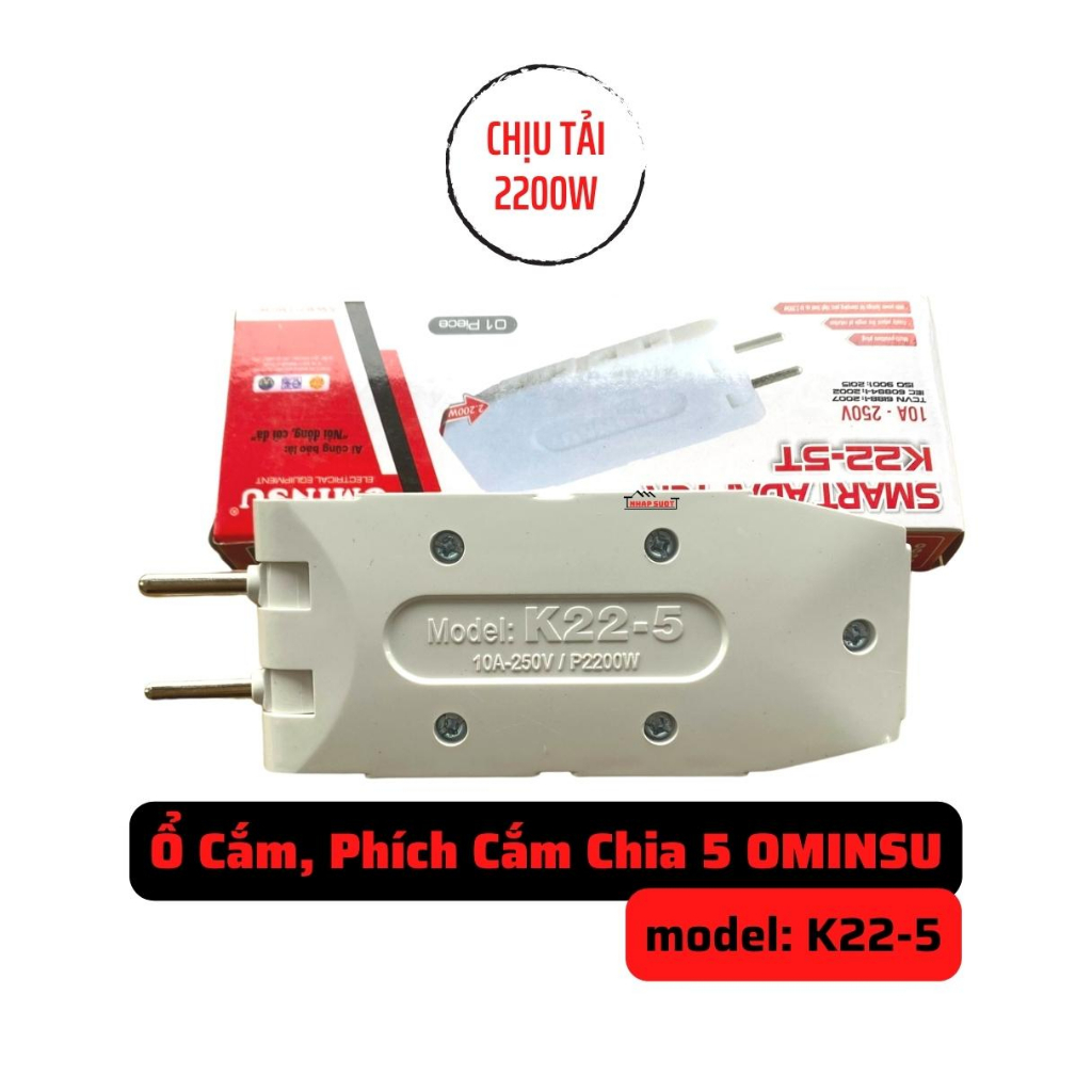 Ổ cắm chia 5 ngả OMINSU loại dẹt, chịu tải 2200W K22-5