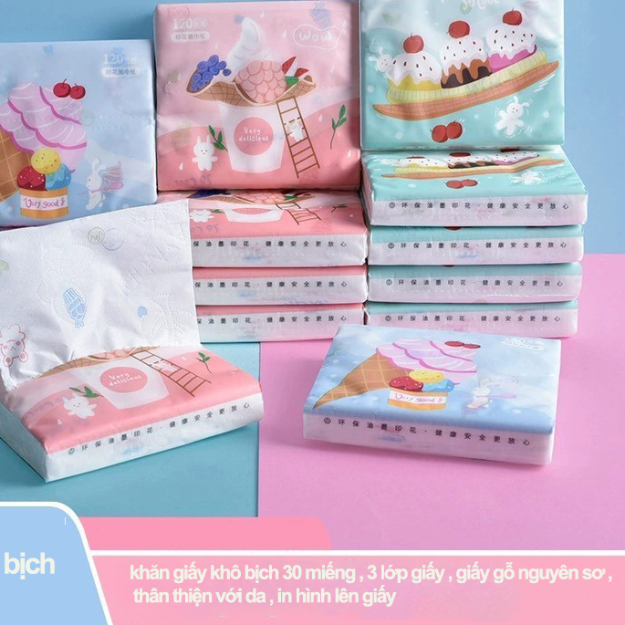 Khăn giấy khô 3 lớp bịch 8 tờ,40 tờ , 75 tờ dạng mini bỏ túi nhiều họa tiết hoat hình dễ thương, không mùi