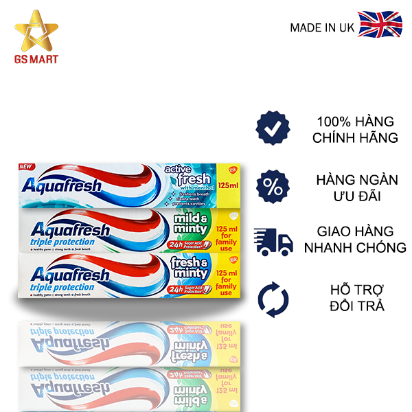 Kem đánh răng AquaFresh 125ml, nhập khẩu Anh, chống sâu răng, vi khuẩn, mảng bám, cho răng chắc khỏe, hơi thở thơm mát