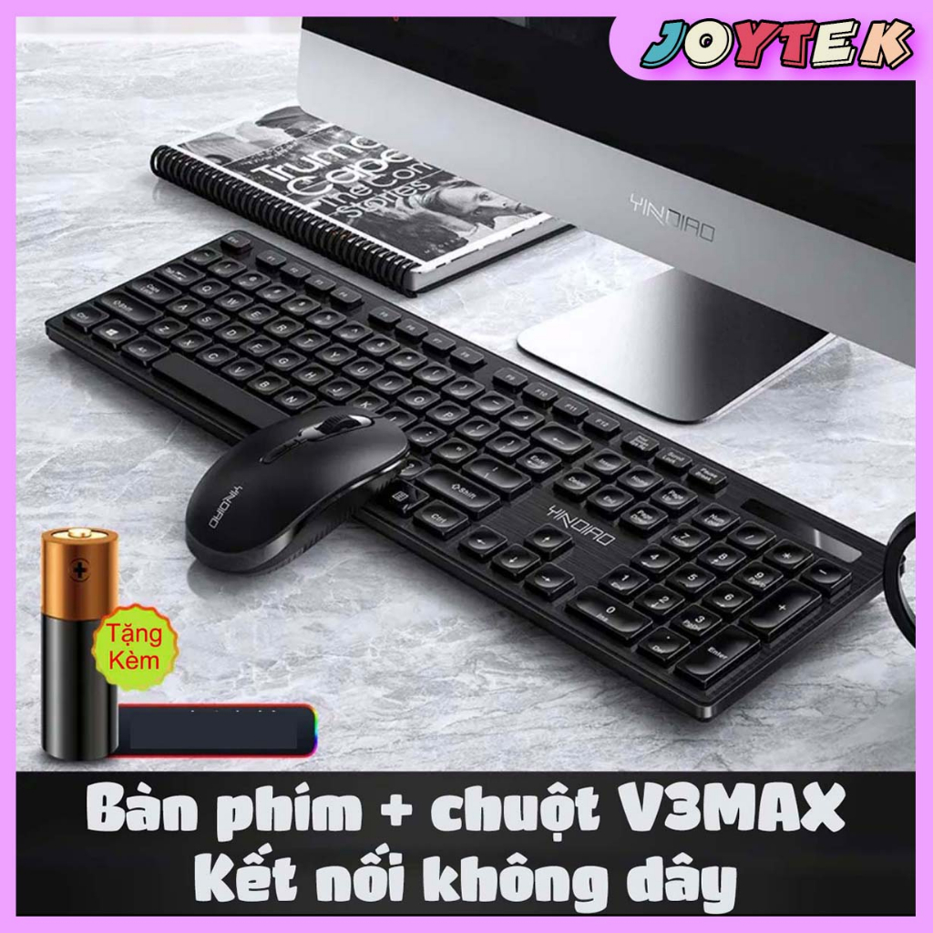 Bộ bàn phím chuột không dây 2.4ghz V3max cho máy tính bàn, máy laptop kết nối usb - tặng kèm pin