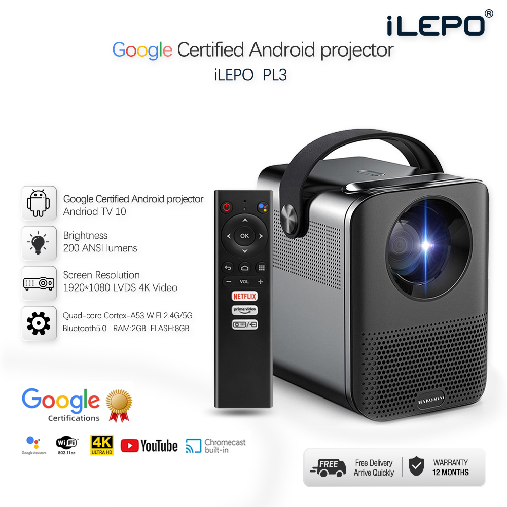 Máy chiếu 4K Ultra HD hệ điều hành Android gốc 10.0 độ sáng 200 ANSI lumen xem Youtube Netflix kèm remote giọng nói PL3