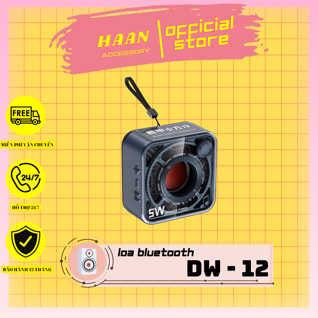 Loa Bluetooth DW12 kiểu dáng loa mini nhỏ gọn, bluetooth 5.1 có dây đeo công suất 5W bảo hành đổi mới 6 tháng