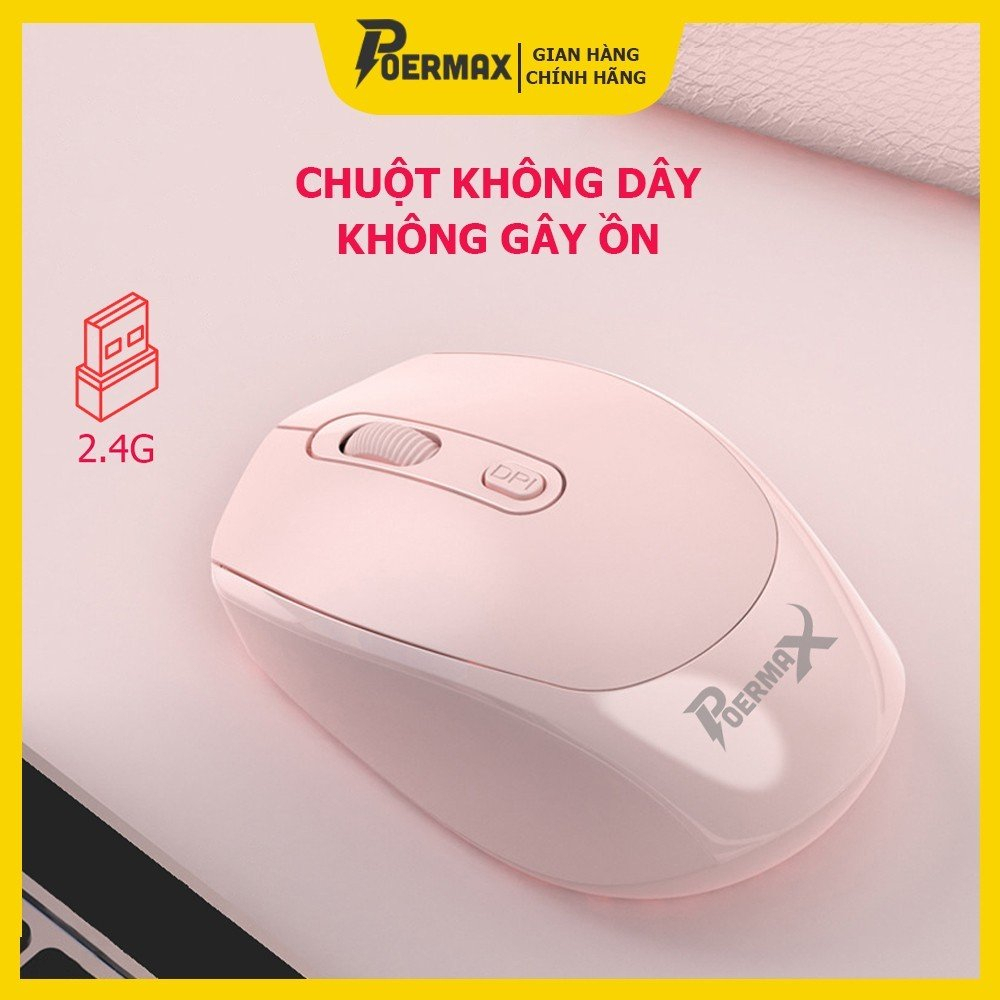 Chuột Không Dây Poermax M107- USB 2.4GHz, Nút DPI, Dùng Pin, Phù Hợp Cho PC Và Laptop, Bảo Hành 6 Tháng