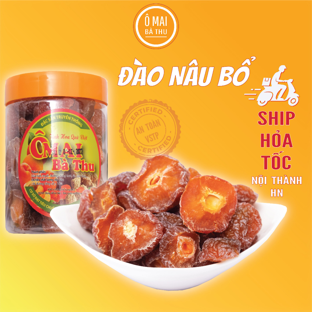 Hộp 500g Ô mai đào nâu bổ, ô mai Bà Thu vị chua ngọt bổ sung vitamin C, E và các khoáng chất giúp tăng cường miễn dịch