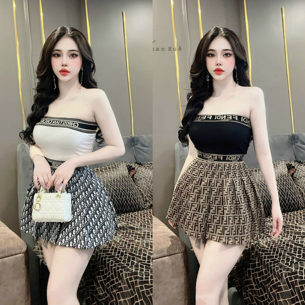 Set chân váy họa tiết ziczac hai màu có lót mix áo croptop xinh xắn, sang chảnh phù hợp đi chơi, dạo phố