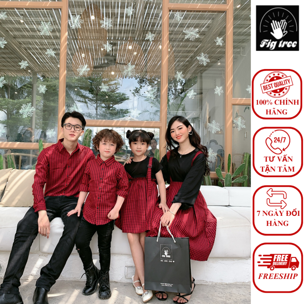 Đồng Phục Gia Đình Fig Tree Caro Đỏ Đón Tết Siêu Xinh Nữ Kèm Áo Thun