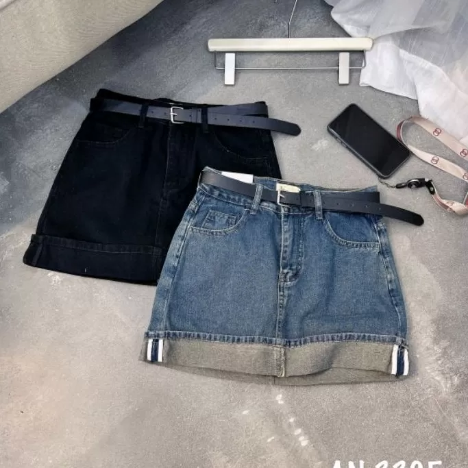 Chân váy jeans gập gấu kèm đai hàng QCL1