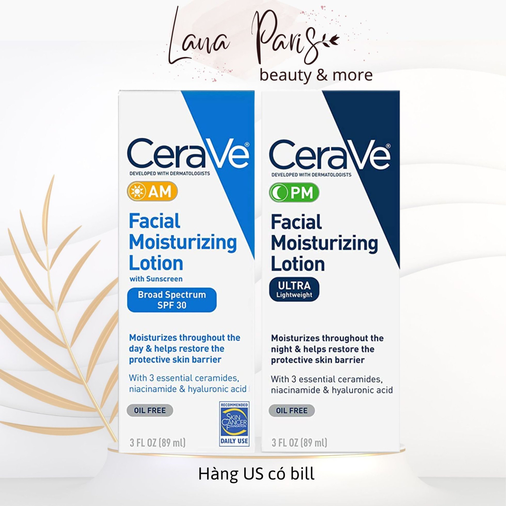 Bill US Kem dưỡng CeraVe lotion PM 60ml và 89ml và AM 89ml