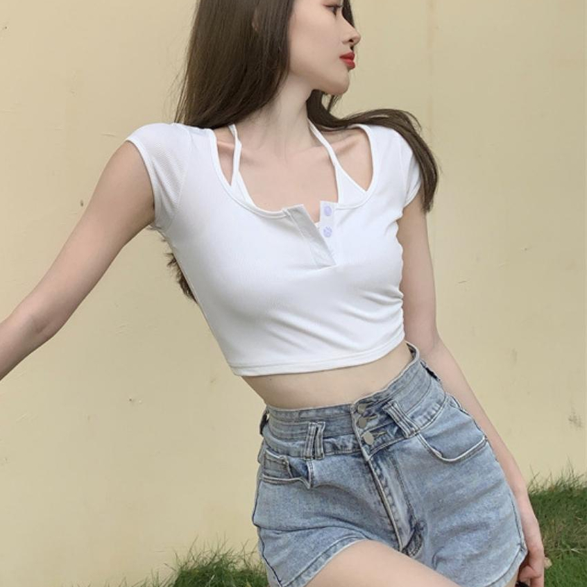 Áo croptop giả yếm khoét vai vạt bầu LaCa kèm video thực E4-1, áo crt yếm