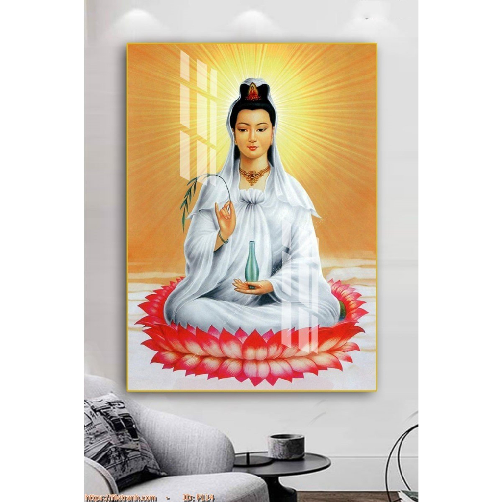 Tranh treo tường - Tranh tráng gương Phật Quan Thế Âm Bồ Tát treo phòng khách, phòng thờ - Bo viền cao cấp
