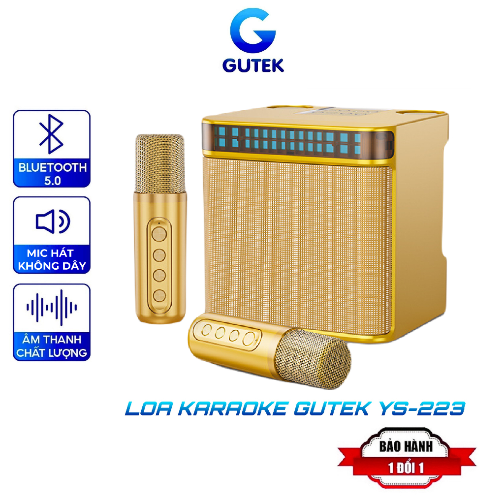 Loa Bluetooth Karaoke Kèm 2 Mic Không Dây Gutek YS-223 Âm Thanh Hay Siêu Trầm Công Suất Lớn Nhỏ Gọn Tiện Lợi