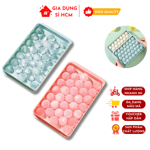 Khay Làm Đá Tròn 33 Viên Khuôn Làm Đá Có Nắp Đậy Hình Viên Bi Chất Liệu Nhựa Free Bpa Đáy Silicon Mềm Dễ Tách lấy Đá