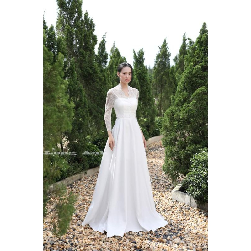 Váy Cưới Đi Bàn Cổ V Tay Dài Chất Liệu Ren My Phối Taftar Mềm Chuẩn From Size S M  L Xl Và May Theo Số Đo Riêng
