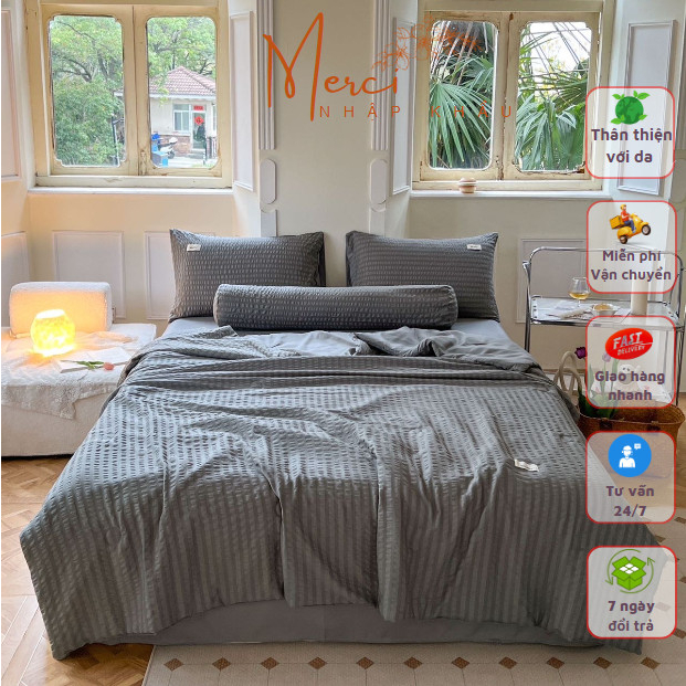 Bộ chăn ga gối cotton đũi trơn 5 món, vỏ chăn lồng ruột, dùng được cả 4 mùa, đủ kích thước by Merci