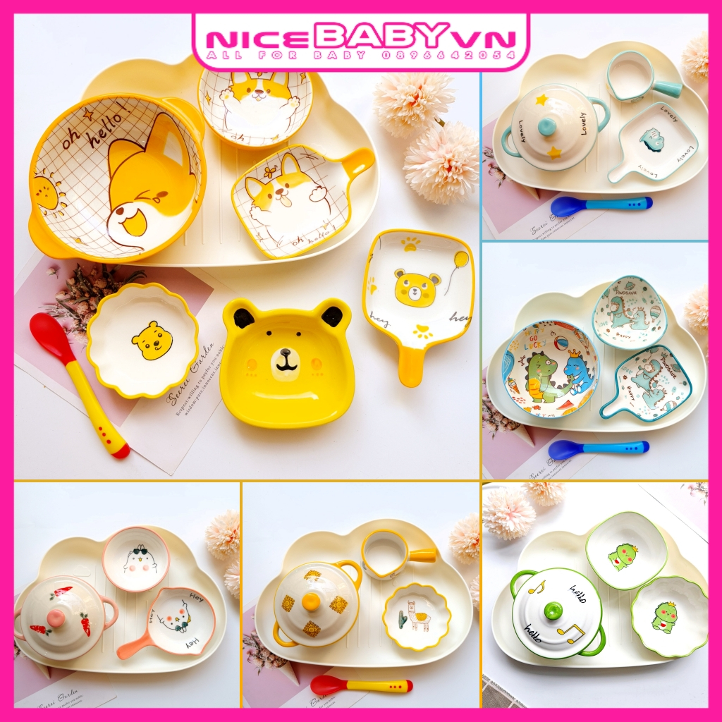 Combo Bát Ăn Dặm Gốm Sứ Kiểu Nhật Truyền Thống Siêu Dễ Thương Cho Bé,Kèm Khay,Tặng Thìa NiceBabyVn