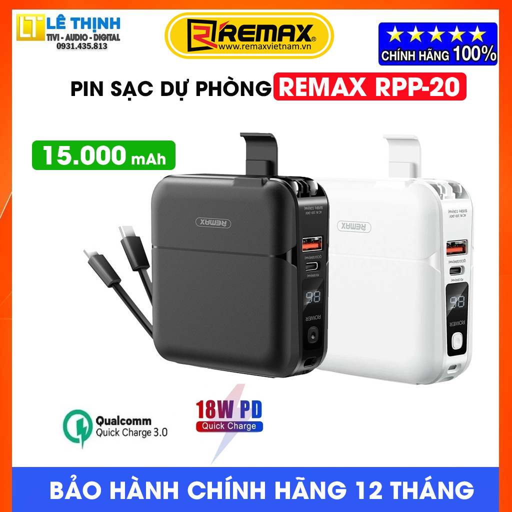 Pin Sạc Dự Phòng Remax RPP-20 15000mAh, Sạc Nhanh QC 18W, PD18W, tích hợp dây sạc, kiêm củ sạc tiện lợi,Chính hãng Remax
