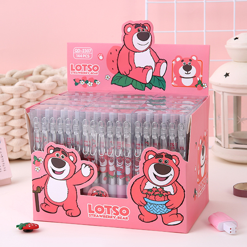 Hộp bút gel bấm cute mực đen Gấu dâu, bút bi ngòi 0.5mm