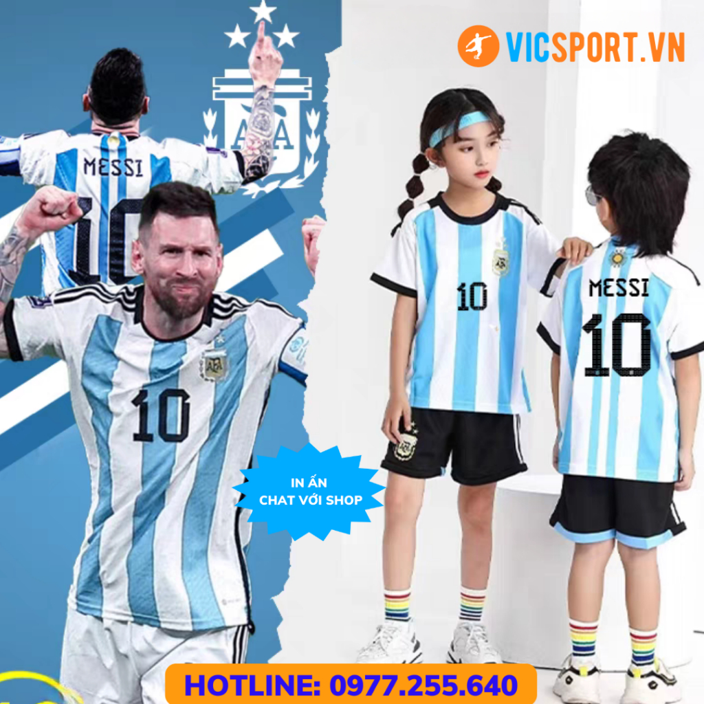 Áo Bóng Đá Trẻ Em , Quần Áo Đá Banh Đội Tuyển ARGENTINA Vải Thun Lạnh Thoáng Mát Cho Bé - Vicsport