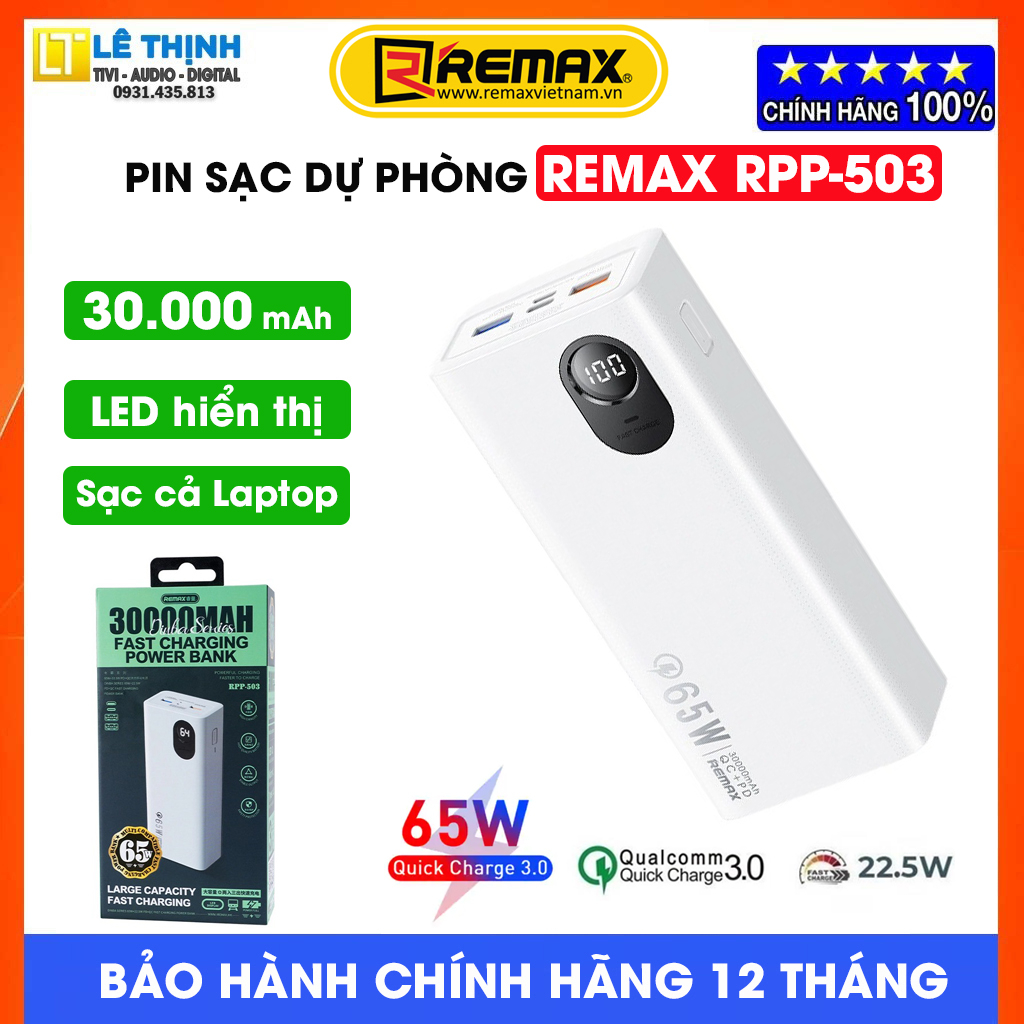 Pin sạc dự phòng Remax RPP-503 Dinba Series, dung lượng 30000 mAh, sạc nhanh PD 65W và QC 22.5W - Sạc được cả laptop